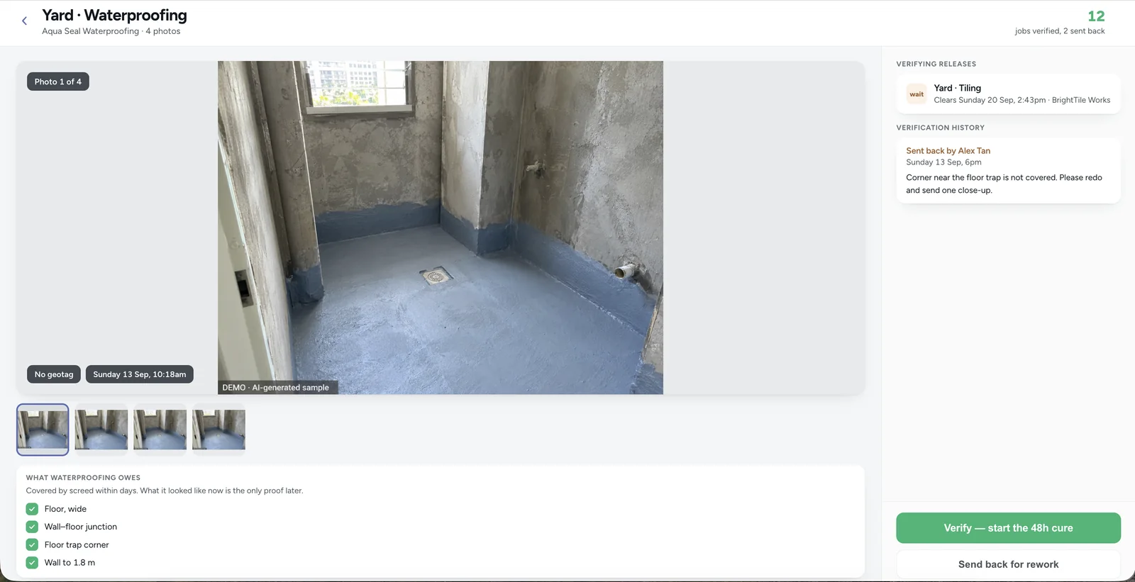Checking the work: four waterproofing photos labelled as a demo sample, the checklist for what waterproofing owes, and the work waiting on it.
