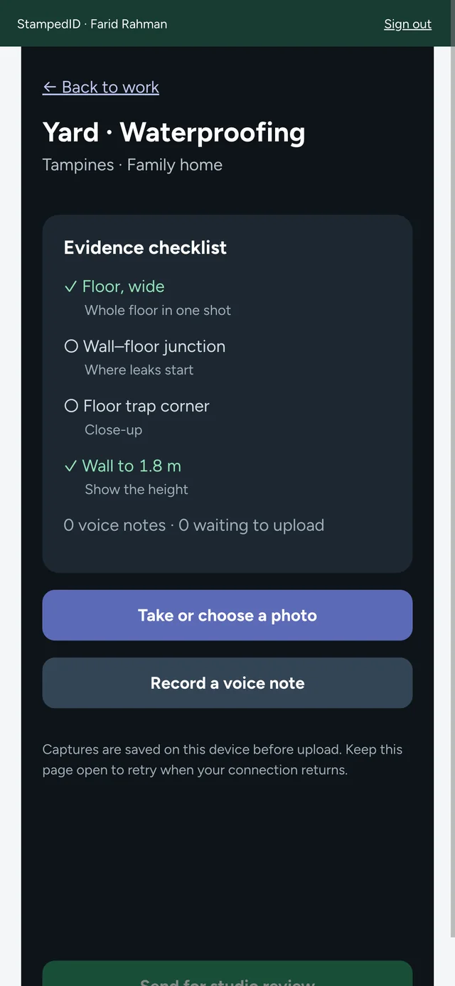 The field app evidence checklist: floor wide, wall-floor junction, floor trap corner, wall to 1.8 m, with take a photo and record a voice note.