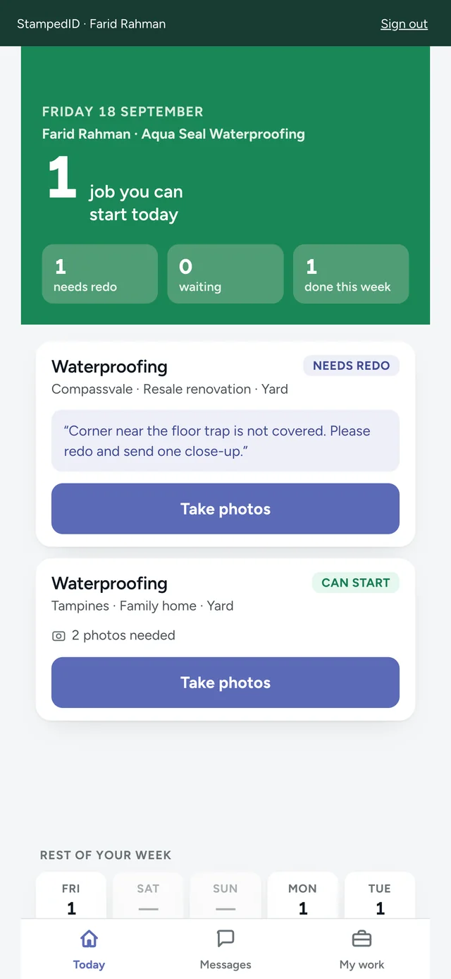 The field app: one job you can start today, a waterproofing job sent back for rework, and the reason it was sent back.