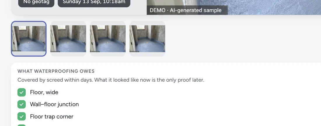 What waterproofing owes, ticked off against four photos labelled as a demo sample.
