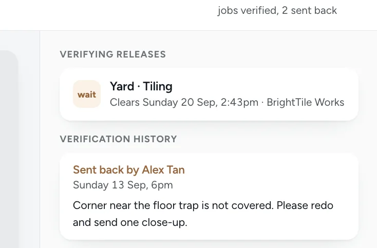 What your check releases: yard tiling clears Sunday 20 September at 2:43pm, and the history showing you sent the work back with a reason.