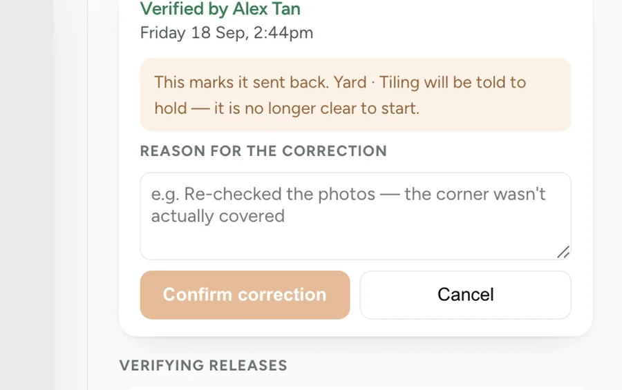 A check being corrected: verified by Alex Tan on Friday 18 September, a warning that yard tiling will be told to hold, and a box for the reason.